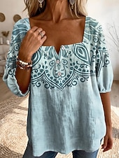 abordables Art &amp; Design Blouses-Femmes Chemisier Imprimé Graphique Géométrique Quotidien Élégant Occasionnel Demi Manches Col carré Hauts Réguliers Occasionnel Quotidien Bleu Rose Claire Bleu Poudré Vert Été Printemps