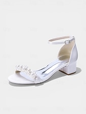 cheap Heeled Sandals-Women's Navy Pearl Embellished Chunky Heel Sandals - Elegant Ankle Strap Cocktail Party Dress Shoes