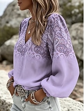 billige Kunst og Design Bluser-Dame Skjorte Boho skjorte Trykt mønster Blomstret Grafisk Paisly Elegant Bohem Ferie Langermet V-hals Lange topper Avslappet Daglig Ferie Lysegrønn Lys Lilla Oransje Sommer Vår