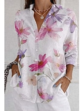  Mujer Camisa Camisa de gofres Camisa casual Botones Graphic Vacaciones Vintage Moda Manga Larga Tops regulares Diario Exterior Ropa de calle Blanco y Azul Blanco y Rosa Verano Primavera Otoño Invierno