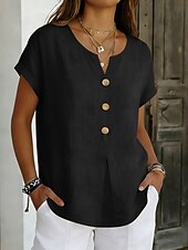 baratos Blusas Simples-Mulheres Blusa Botões Côr Sólida à moda Básico Casual Manga Curta Decote V Tops regulares Diário Azul Preto Branco Rosa Roxo Verão Primavera