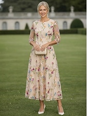 economico Lunghezza alla caviglia-Linea ad A Abito Lunghezza Tè Abito da Cocktail Abito da invitata a nozze Abito da cerimonia per signora Manica 3/4 Girocollo Elegante Casual Formale Ospite di nozze Derby del Kentucky Chiffon Tulle