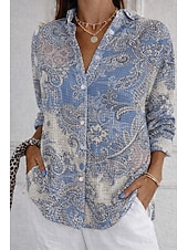 abordables Arte &amp; Diseño Blusas-Mujer Camisa Camisa de gofres Camisa con botones Botones Graphic Impresión de mármol Vintage Elegante Manga Larga Tops largos Diario Exterior Ropa de calle Verde y Azul Naranja Caqui Verano Primavera
