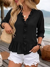 tanie Gładkie bluzki-Koszula damska 100% bawełniana bluzka koszula z falbanami patchwork jednolity kolor casualowa stylowa klasyczna nowoczesna długi rękaw dekolt w serek regularne bluzki na co dzień wakacje na wyjście