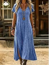  abito midi da donna 100% cotone, abito lavato, abito casual, abito t-shirt, abito maglietta, basic, classico, quotidiano, vacanza, vestibilità regolare, tinta unita, manica corta, scollo a V, blu, estate, primavera