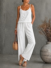 cheap Sets-Women's 100%cotton Tank Top Pants Sets Button Front Sleeveless Fashion Daily Date Going out Blue White Gray Summer Loose Fit