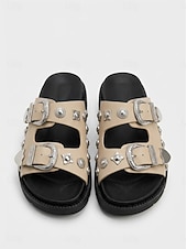 preiswerte Rutschsandalen-Schwarze Slide-Sandalen im Western-Stil für Damen – Riemchensandalen mit silberner Schnalle für Boho- und lässige Sommer-Outfits