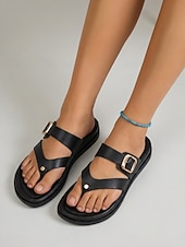 baratos Sandálias Confortáveis-Sandálias femininas marrons de dedo com fivela ajustável – chinelos confortáveis com amortecimento, rasteirinhas de verão respiráveis de bico aberto para praia, férias e viagens. &amp;uso diário