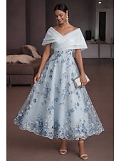 abordables Vestidos de cóctel-Corte A Vestido Midi Vestidos de coctel Elegante Vintage Floral Manga Corta Hombros Caídos Fiesta de jardin Boda Organdí Tul Espalda desnuda con Estampado flor Flor bordada Plisado