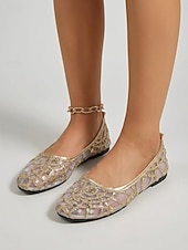 economico Ballerine da donna-Ballerine da donna in rete con paillettes dorate - eleganti scarpe a punta in rete scintillante per resort all'aperto e feste estive in giardino &amp;abiti da vacanza di lusso