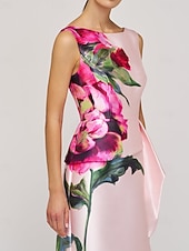 billige A-Line Evening Dresses-A-Line Sheath Column Floor Length Evening Gown Ball Gown Elegant Vintage Floral Sleeveless Boat Neck Garden Party Wedding Satin Cowl Back with Floral Print Slit