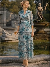 preiswerte Knöchellänge-A-Linie Kleid Knöchellänge Cocktailkleid Brautmutterkleid Dreiviertelarm V Ausschnitt Elegant Lässig Formell Hochzeitsgast Ferien Chiffon mit Blumenmuster Rüschen Kaskadierende Rüschen