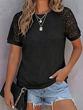 voordelige Effen t-shirt-Dames Wafel T-shirt Raglan-T-shirt Kant Vetergat Elegant Stijlvol Korte mouw Strakke ronde hals Lange tops Casual Vakantiekleding Zwart Wit Grijs Zomer Lente