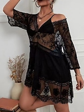 Χαμηλού Κόστους Φορέματα παραλίας-Γυναικεία Μαγιό Που καλύπτει Μαγιό-φόρεμα Μαγιό Δαντέλα Διακοπές Ρούχα παραλίας Συμπαγές Χρώμα Λαιμόκοψη V Μακρυμάνικο Μαγιό