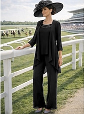 preiswerte Hosenanzüge für Mama-Dreiteilig Bodenlang Brautmutterkleid Langarm Rundhalsausschnitt Elegant Vintage Formell Hochzeitsgast Formeller Abend Spandex mit Einfarbig