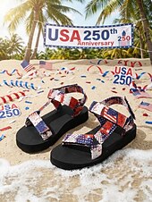  rødblå damesandaler med justerbare stropper og amerikansk flagg – lette strandsandaler for ferie, festival og hverdagsbruk