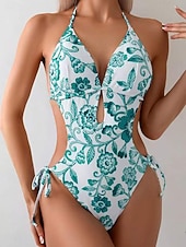 preiswerte Einteiler-Damen Badeanzug Einteiler Bikini Hohe Taillenlinie Bademode Gerafft Patchwork Urlaub Strandbekleidung Blumen Grafik Neckholder Ärmellos Badeanzüge