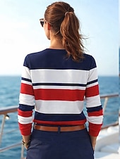abordables T-shirt rayé et géométrique-Femmes T-shirt Imprimé Rayé Graphique Géométrique Océan ancien Mode Élégant manche longue Col ras du cou Hauts Réguliers Quotidien bleu marine Été Printemps