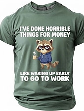economico Magliette divertenti da uomo-Maglietta da uomo con stampa divertente di un procione "Ho fatto cose orribili per soldi", maniche corte, girocollo, procione stanco che beve caffè, umorismo da ufficio, regalo sarcastico per