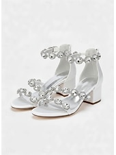 abordables Sandalias de tacón-Sandalias de tacón cuadrado de satén azul para mujer: zapatos de noche adornados con diamantes de imitación y correa en el tobillo para banquetes formales y cócteles.