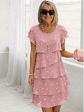 billiga Eleganta blommiga klänningar-Dam Knälång klänning Chiffongklänningar Blommig klänning Elegant Mode Modern Semester Fest Helgen Normal Blommig Kortärmad Rund hals Blå Rodnande Rosa Sommar Vår