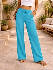 cheap Bottoms-Women's Linen-feel Pants Summer Pants Vacation Basic Full Length Medium Waist Plain Drawstring Comfort Micro-elastic Daily Blue Depression Green Apricot Grey Summer Spring
