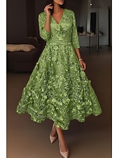 preiswerte Cocktailkleider-A-Linie Tee-Länge Cocktailkleider Elegant Vintage Blumen Halbarm V Ausschnitt Hochzeit Formell Rosa Kleid Satin Spitze mit Stickerei Tasche