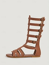 ieftine Sandale gladiator-Sandale gladiator pentru femei până la genunchi – sandale romane plate cu barete și cataramă multiplă, pantofi de vară boho pentru vacanțe în aer liber, călătorii și stațiuni pe plajă
