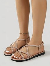 cheap Flat Sandals-Women's Strappy Flat Comfort Sandals, Open Toe Elastic Back Casual Dress Shoes for Garden Parties, Outdoor Events &amp; Summer Walks
