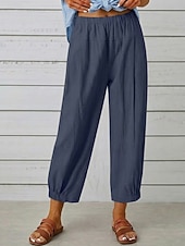 cheap Bottoms-Women's Cotton Linen Pants Trousers Casual Pants Summer Pants Vacation Fashion Streetwear Ankle-Length High Waist Plain Pocket Elastic Waist Comfort Comfortable Inelastic Daily Vacation Street Black