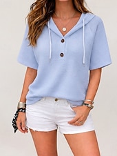  בגדי ריקוד נשים חולצה חולצת וופל טלאים כפתורים צבע אחיד אחיד אלגנטית מסוגנן קלסי ללא שרוולים שרוולים קצרים עם קפוצ'ון חולצות רגילות קזו'אל יומי חגים ירוק בהיר ורוד מסמיק סגול בהיר כחול בהיר