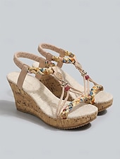 preiswerte Keilsandalen-Aprikosenfarbene, bohemische Keilsandalen für Damen – elegante, perlenbesetzte Espadrilles mit T-Riemen und farbenfrohen Flechtdetails für Inselurlaube und Strandhochzeiten &amp;Sommer-Resortbekleidung