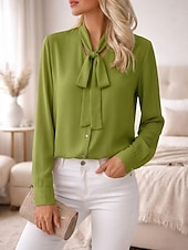 abordables Blusas Sencillas-Mujer Tops de verano Elegante Básico Manga Larga Corbata en el cuello Escote en Pico Tops regulares Casual Oficina Verde Hierba Negro Blanco Rosa Morado Verano Primavera Otoño