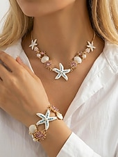 Χαμηλού Κόστους Γυναικείο Κολιέ-Γυναικείο κολιέ και βραχιόλι με μπλε και άσπρο αστερία από κράμα μποέμ, κοσμήματα διακοπών στην παραλία για ταξίδια, στυλ θέρετρου και καθημερινή casual ένδυση
