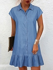 voordelige Witte jurk-Dames Mini-jurk Casual jurk A lijn jurk Jurk van imitatie spijkerstof Modieus Basic Dagelijks Buiten Vakantie Normale pasvorm Effen Korte mouw Overhemdkraag blauw Zwart Zomer Lente