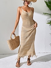 abordables Robes fleuries décontractées-Femmes Robe maxi Robe Tricot Romantique Classique Quotidien Plage Vacances Mince Géométrique Sans manches Col ras du cou Col en V Brun roux Noir Blanche Kaki Été