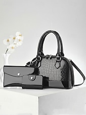 abordables Bolsos de mano y tote-Conjunto de tres bolsos de mujer de piel sintética charol con relieve de cocodrilo, bolso bandolera multicolor con asa superior y correa ajustable, monedero y tarjetero para viajes y uso casual.