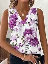abordables Réservoir Graphique-Femmes Débardeur Fleuri Graphique Plantes Élégant ancien Classique Sans manches Col en V Hauts Réguliers Quotidien Rouge Violet Kaki Été Printemps