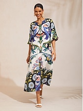 baratos Vestidos Florais-Vestido longo de chiffon com estampa de pássaros e flores, mangas raglan.
