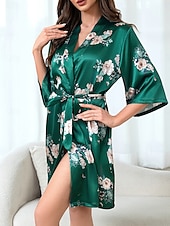 preiswerte Bademäntel für Damen-Damen Freizeitkleidung Robe Nachthemd Mode Lässig Blumen Grafik Satin-Seidenpyjamas Patchwork Kleid Urlaub Straße Date Langarm Rundhalsausschnitt Grün Sommer Frühling Normale Passform