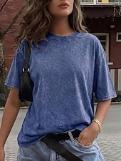 ieftine tricou simplu-Tricou damă 100% bumbac, vintage, spălat, topuri, modă, stilat, clasic, mânecă scurtă, guler rotund, topuri lungi, casual, zilnic, plajă, trandafir, roșu, albastru, verde iarbă, negru, portocaliu, vară, primăvară