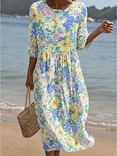 ieftine Rochii false esențiale-Pentru femei Rochii Midi Rochie de Vară Rochie de vară Vacanță Casual Boho Concediu Potrivire Largă Floral Grafic Manșon Jumate Stil Nautic Albastru piscină Alb Galben Roz Îmbujorat Vară Primăvară