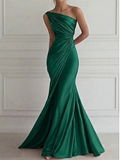 abordables Vestidos de Noche Sirena-Corte Trompeta Sirena Hasta el Suelo Vestidos de noche Elegante Sin Mangas Un Hombro Boda Formal Vestido rosa Satén elástico con Plisado