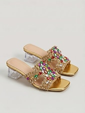 economico Sandali con tacco-Sandali da donna con tacco alto e strass dorati, scarpe da festa con tacco a blocco e punta aperta con tacco di cristallo per la vita notturna e le serate in discoteca. &amp;look glamour