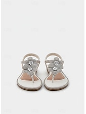 abordables Flat Sandals-Women's Gold Floral Thong Sandals - Elegant Shimmering Flat Sandals with 3D Flower Detail, Comfortable Strappy Dress Shoes for Resort Evenings, Vacation Dinners &amp; Cruise Wear