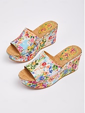 voordelige Slide Sandalen-vakantie citrustuin canvas hoge hak muiltjes