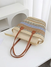 cheap Vacation &amp; Travel Bags-Women's Bohemian Striped Straw Tote Bag and Sun Hat Set, Boho Ethnic Woven Beach Vacation Handbag Set in Multiple Colors for Resort Travel, Casual Summer Outfits and Everyday Wear