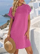 cheap Plain Dress-Women's Mini Dress Casual Dress T Shirt Dress Tee Dress Summer Dress Basic Classic Daily Vacation Loose Fit Plain Short Sleeve Crew Neck Black Light Green Pink Navy Blue Summer Spring