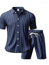 cheap Cotton Linen Shirt-Men Linen Shirt 2 Piece Shirt Set And Shorts Linen Shorts Beach Shorts Set Vertical Stripes Casual Daily Outdoor Turndown Short Sleeve Summer Fashion Casual Comfortable Clothing Apparel