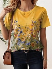tanie koszulka w kwiaty-Damskie Podkoszulek Nadruk Kwiaty Graficzny Rośliny Moda Elegancki Klasyczny Krótki rękaw Półgolf Zwykłe topy Codzienny Weekend Niebieski Żółty Rumiany róż Jasnofioletowy Lato Wiosna